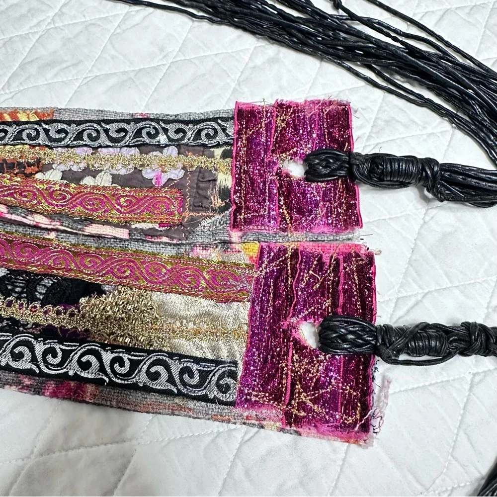 Artisan Floral Tapestry Tie Belt Pink and Black & Gold Accents Handmade Signed